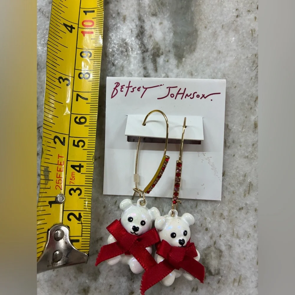 Betsey Johnson White Bear Earrings with Red Bows - Picture 3 of 4
